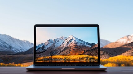 A laptop displaying a stunning mountain landscape under a clear sky, showcasing nature's beauty and the digital world.