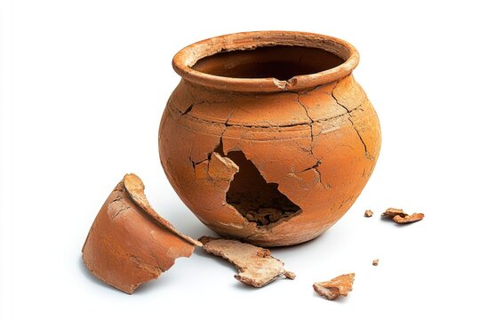 Broken pot with a hole in it. The pot is old and has been broken. The broken pieces of the pot are scattered on the ground