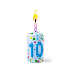 Happy Birthday burning candle in the form of number 10  isolated on white  background