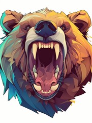 Obraz premium Roaring grizzly bear head illustration, vibrant colors, sharp teeth, detailed fur.