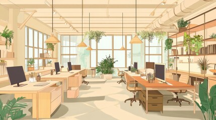 A bright, modern office space with plants, desks, and computers for a productive work environment.