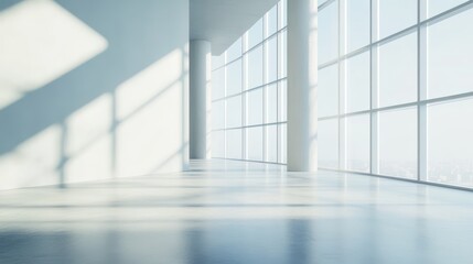 Fototapeta premium A spacious, modern interior with large windows allowing natural light to fill the room.
