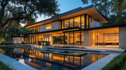 Fototapeta premium Modern Luxury Home with Infinity Pool at Dusk