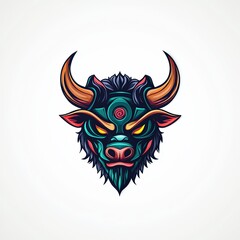 Stylized bull head illustration with vibrant colors and intricate details, perfect for mascot or logo design.
