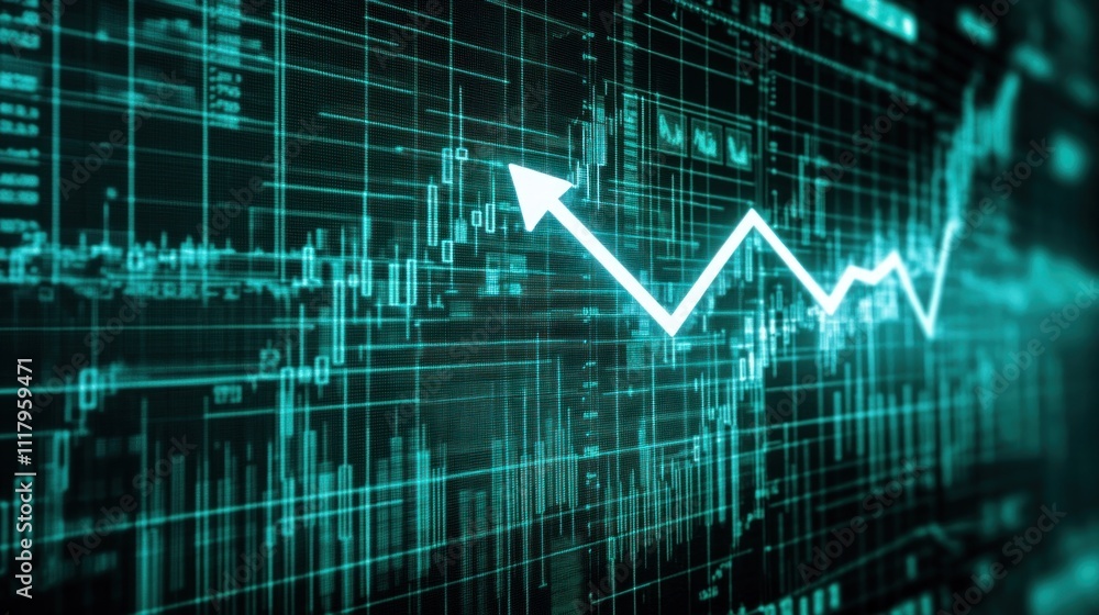Poster here's a description and keywords for your stock photo.. upward trending arrow on a technological da
