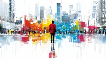 Fototapeta premium Abstract Cityscape with Man Walking Away