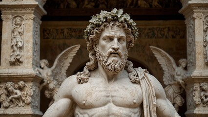 Fototapeta premium Statue of Dionysus, the god of revelry, holding grapevines and a wine cup in both hands, surrounded by joyful dancers and festive scenes, with a backdrop of vineyards and feasts, with carvings depicti