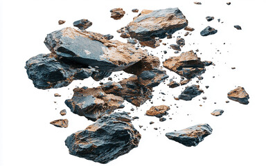 Collection of black stone and rock textures on white background for 3D rendering and design...