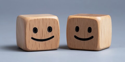 Wooden Blocks with Smiley Faces on Light Gray Background