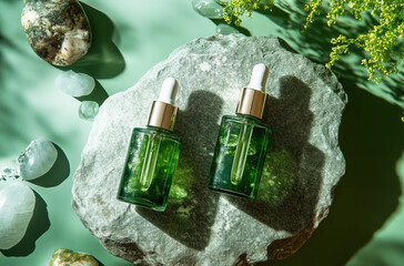 Mock up of glass bottles with droppers on a stone and minerals, a skincare cosmetic on a green background, top view. A beauty or spa concept. Aestetic style