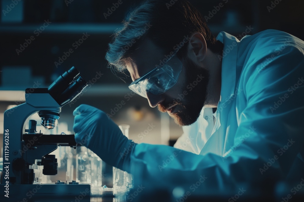Aufkleber A scene showing a focused researcher using a microscope in a dimly lit lab, emphasizing the immersive nature and meticulous attention in scientific research.