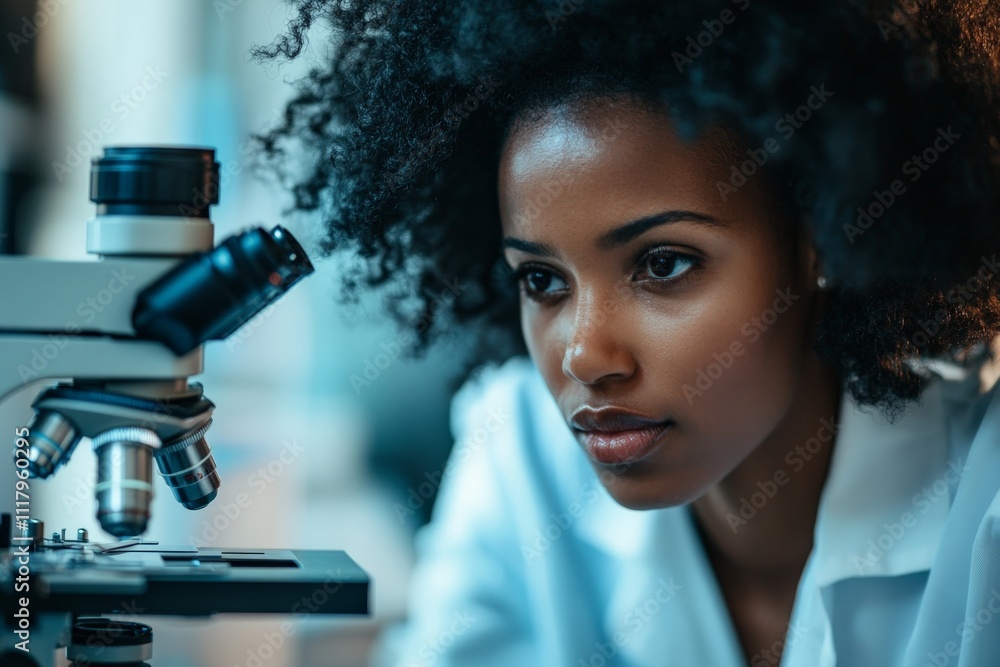 Poster The image highlights a scientist's intense focus on examining specimens through a microscope, symbolizing dedication and the pursuit of scientific truth.