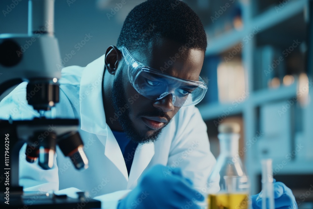 Aufkleber a scientist, deeply focused, examines a chemical sample in a laboratory setting, confronting the mys