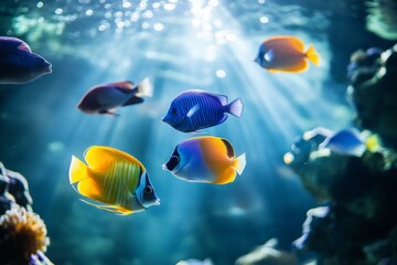 A vibrant depiction of various colorful fish swimming gracefully in a sunlit underwater environment, highlighting natural beauty and aquatic life diversity.