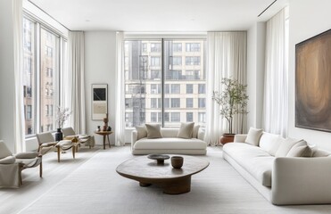 Modern minimalist living room with large windows, beige sofa, and wooden coffee table.