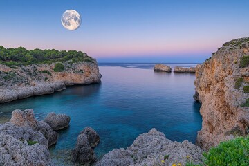 A stunning coastal scene features rocky cliffs and clear blue waters under a magnificent full moon,...