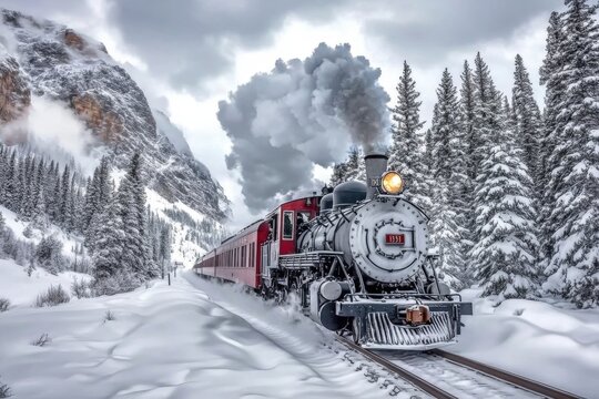 Historical Steam Locomotive Traveling Through Snow-Covered Alpine Forest in Winter - Powered by Adobe