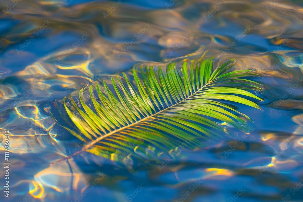 Poster a vibrant green leaf is captured floating effortlessly on a shimmering water surface. the light crea