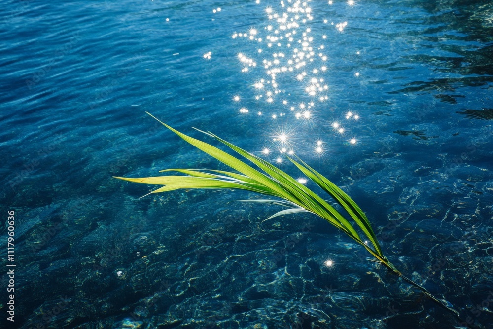 Aufkleber a vibrant green leaf floats on a shimmering water surface with sunlight creating sparkling reflectio