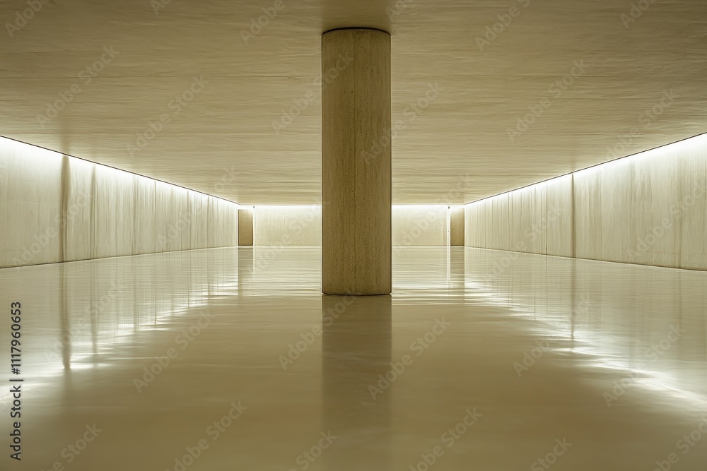 Poster a minimalist indoor space featuring a central column, with soft lighting highlighting the clean and 