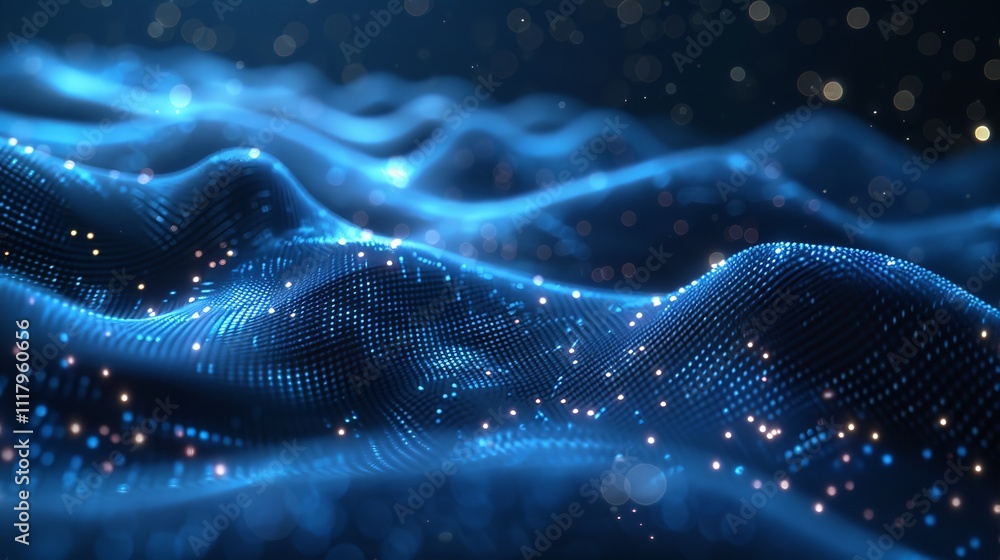 Poster abstract wave with moving dots and lines. flow of particles, technology background.