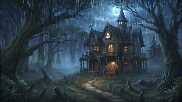 Halloween-creepy-haunted-house-in-the-dark-forest 