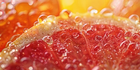 Close up of a grapefruit with droplets of water on it. The droplets are scattered all over the fruit, giving it a shiny and fresh appearance. Concept of freshness and vitality