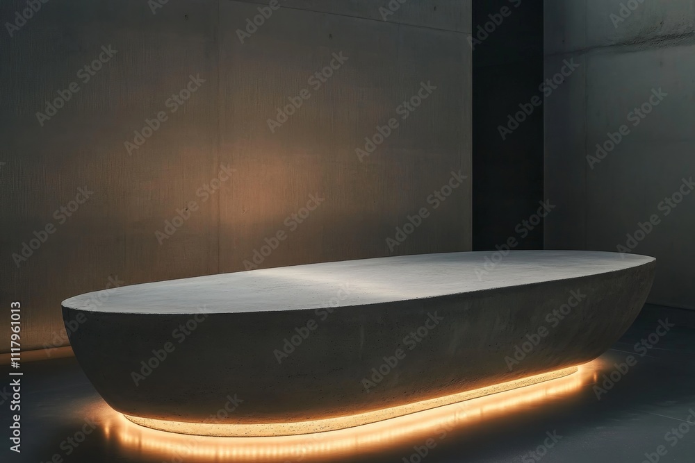 Poster an oval-shaped concrete sculpture subtly illuminated from below, creating a warm ambiance in a minim