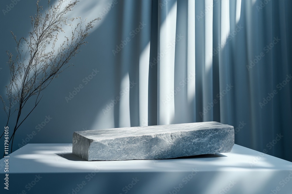 Leinwandbilder a rectangular stone block resting on a surface, bathed in natural light with a serene ambiance, comp