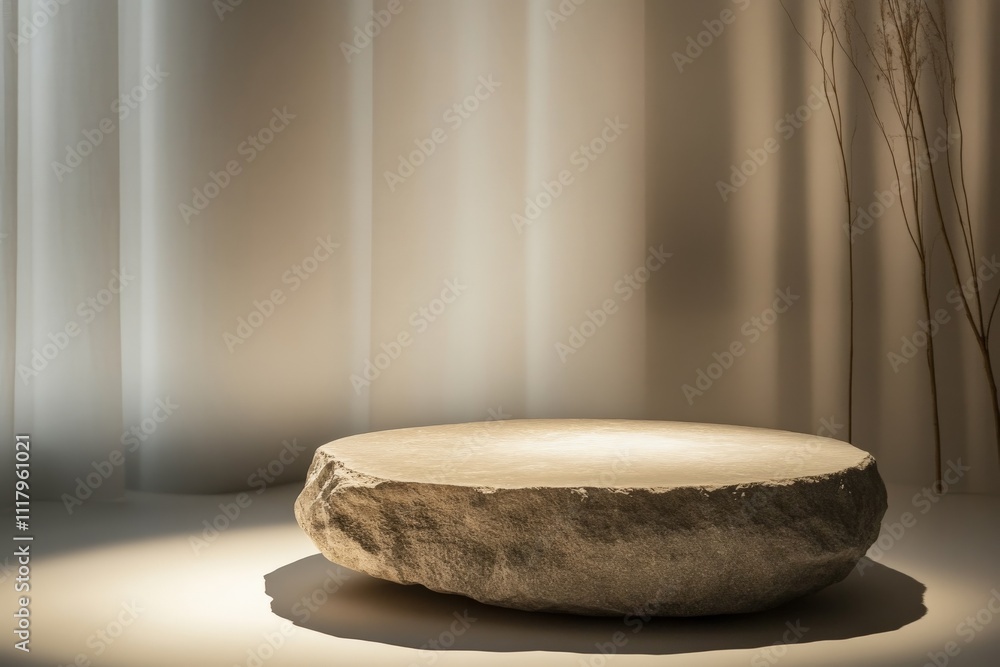 Aufkleber A rough-hewn circular stone table is presented on an illuminated display platform, casting a warm glow and enhancing its rustic aesthetic in a modern space.