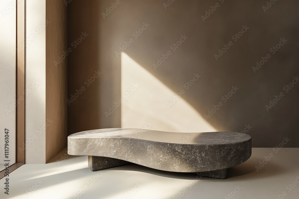 Aufkleber An abstract and curvy stone bench is captured in a space bathed in natural sunlight, creating an inviting and harmonious atmosphere with minimalist elegance.
