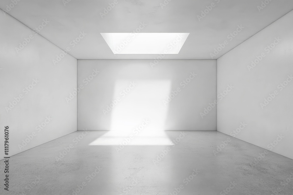 Poster a simple white room featuring a striking skylight casting geometric shadows onto the smooth, bare fl