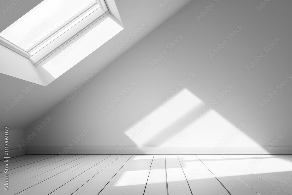 Poster a white room with a slanted skylight casting distinct angled shadows on the walls, evoking a sense o