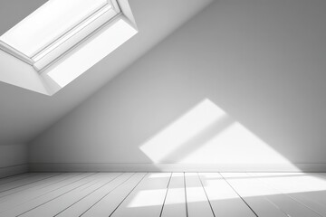 A white room with a slanted skylight casting distinct angled shadows on the walls, evoking a sense of modern art and design simplicity.