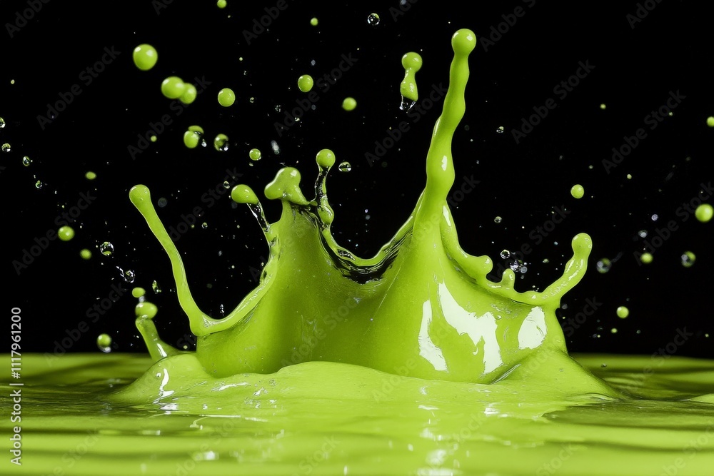 Poster a striking image of vibrant green paint in mid-motion, capturing a splash dynamic with high-speed ph