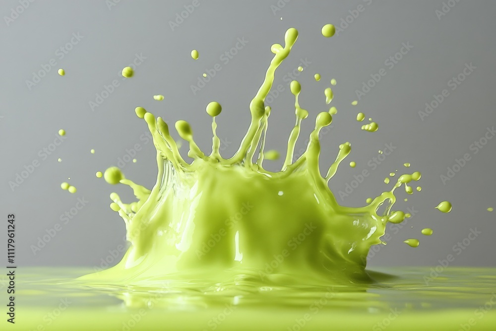 Poster a mesmerizing image of a bright yellow-green paint splash captured at the peak of its motion, highli