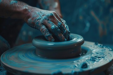 The hands of a skilled artisan creating blue ceramics by spinning clay on a pottery wheel.