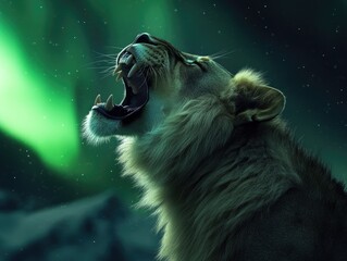 A lion roaring against the backdrop of aurora lights and an icy environment