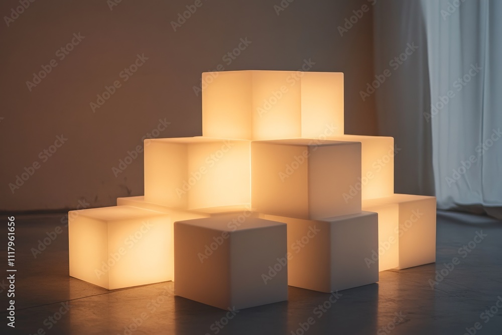 Poster A visually appealing arrangement of glowing cubes that provide a warm, inviting atmosphere in a modern space, showcasing a creative use of lighting and geometry.