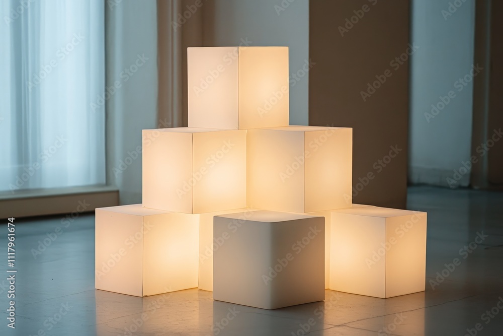 Aufkleber A set of illuminated cubes stacked creatively in a minimalist indoor environment, casting warm light and creating a modern, soothing ambiance with soft shadows.