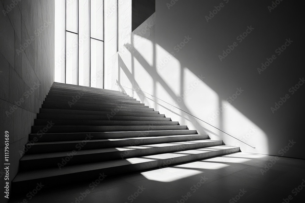 Poster a stark, modern staircase indoors featuring dramatic contrasts of light through large windows, offer