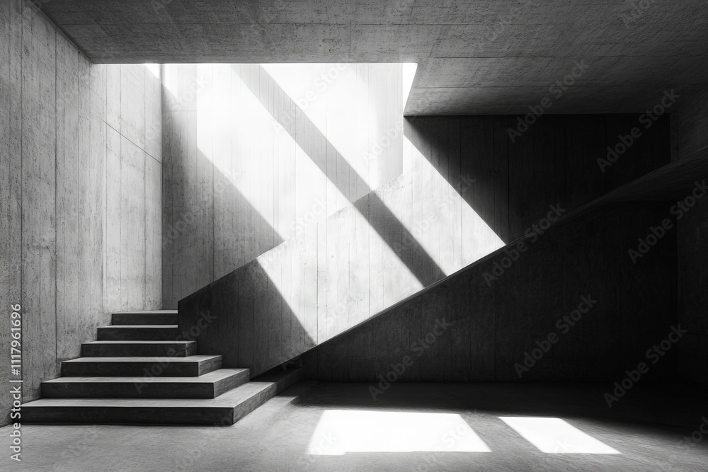 Poster a minimalist concrete staircase bathed in dramatic natural light, casting bold shadows and creating 