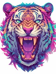 Fototapeta premium Vibrant illustration of a roaring tiger's head, featuring pastel rainbow colors and stylized fur.