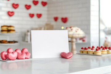 Blank white menu mockup on countertop in pastry shop decorated with red hearts for Valentine's Day