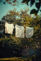 White clothes hanging from a clothesline in sunny weather
