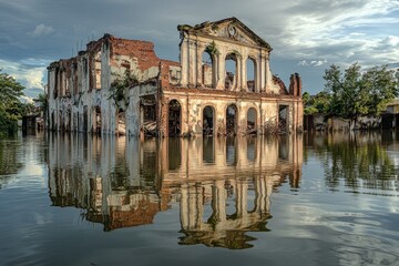 Obraz premium A decayed, historic building sits partially submerged, its arches and columns mirrored in the calm waters surrounding it, evoking a sense of timeless erosion.