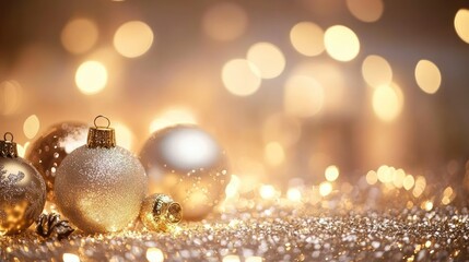 A festive arrangement of gold and white Christmas ornaments on a sparkling surface with a bokeh background.