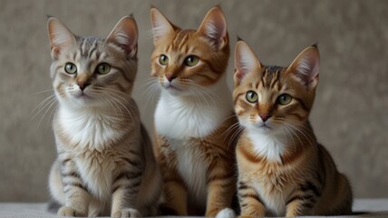 Three adorable kittens sitting together, looking alert.