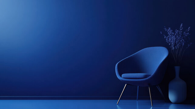 Modern blue chair and vase with minimalistic decor against a deep blue wall, creating a serene and stylish atmosphere.
