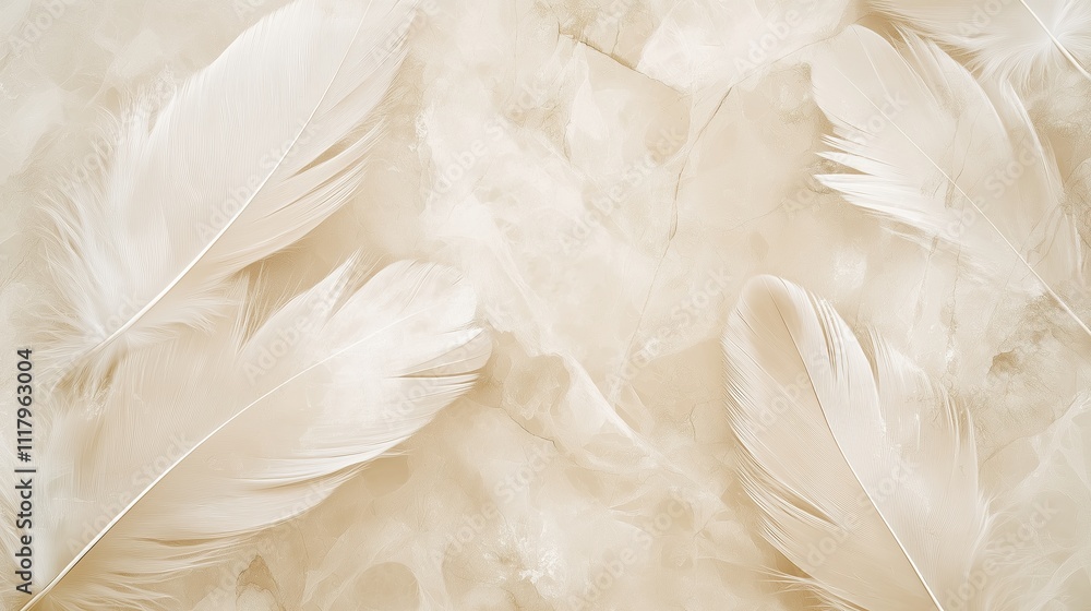 Poster soft white feathers on a beige textured background create a serene atmosphere in the space